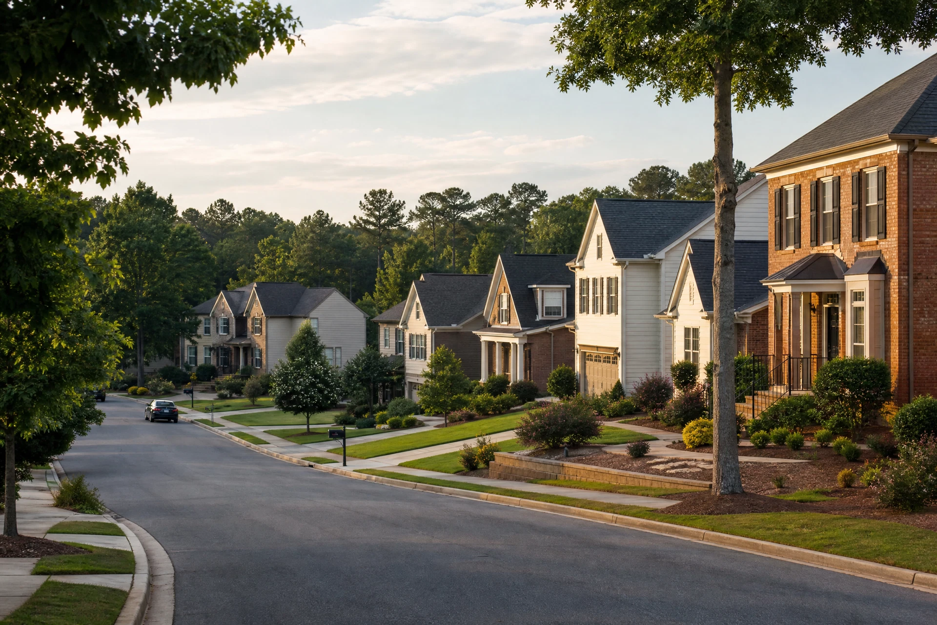 A tree-lined residential street in suburban Georgia
