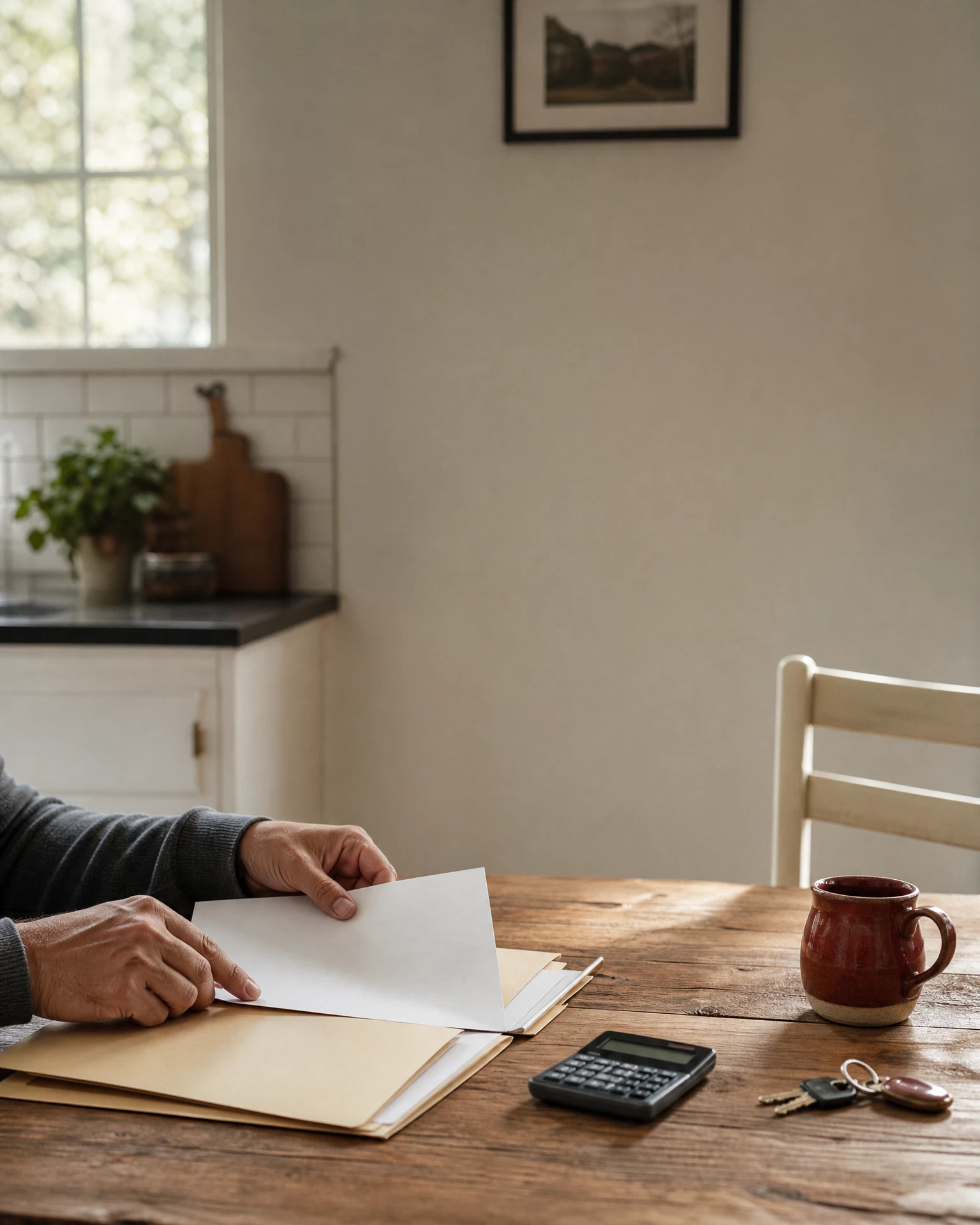 A homeowner calmly reviewing documents at a kitchen table